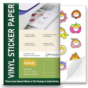 30~Glossy Printable Vinyl Sticker Paper for Inkjet & Laser Printer 8.5”x 11”